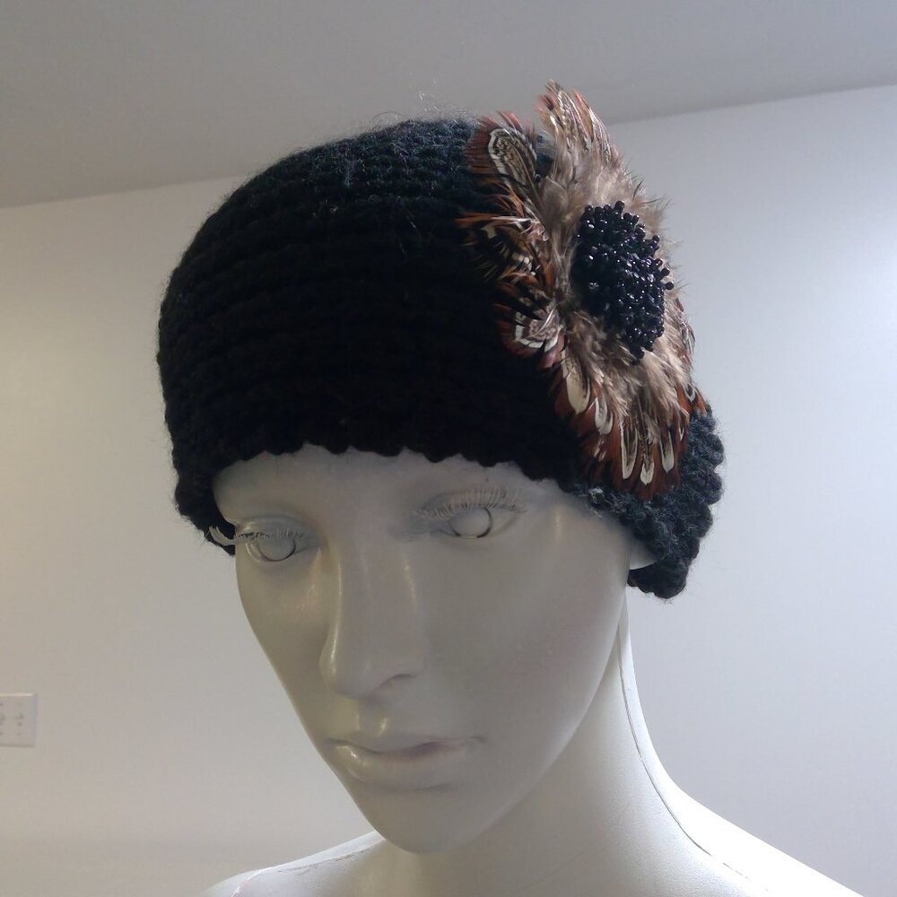 BRAND NEW Feather with Beaded Knit Black Headband Winter